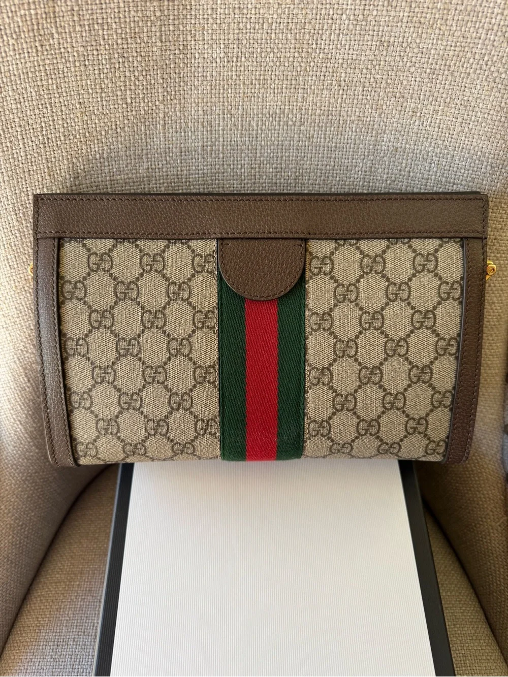 Gucci Brown GG Canvas Clutch with Green and Red Web Stripe